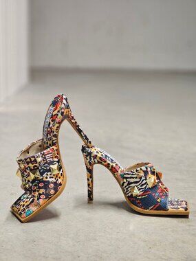 Cape Robbin Gold Studded Multicolor Printed High Heel Mules With Open Toe Womens